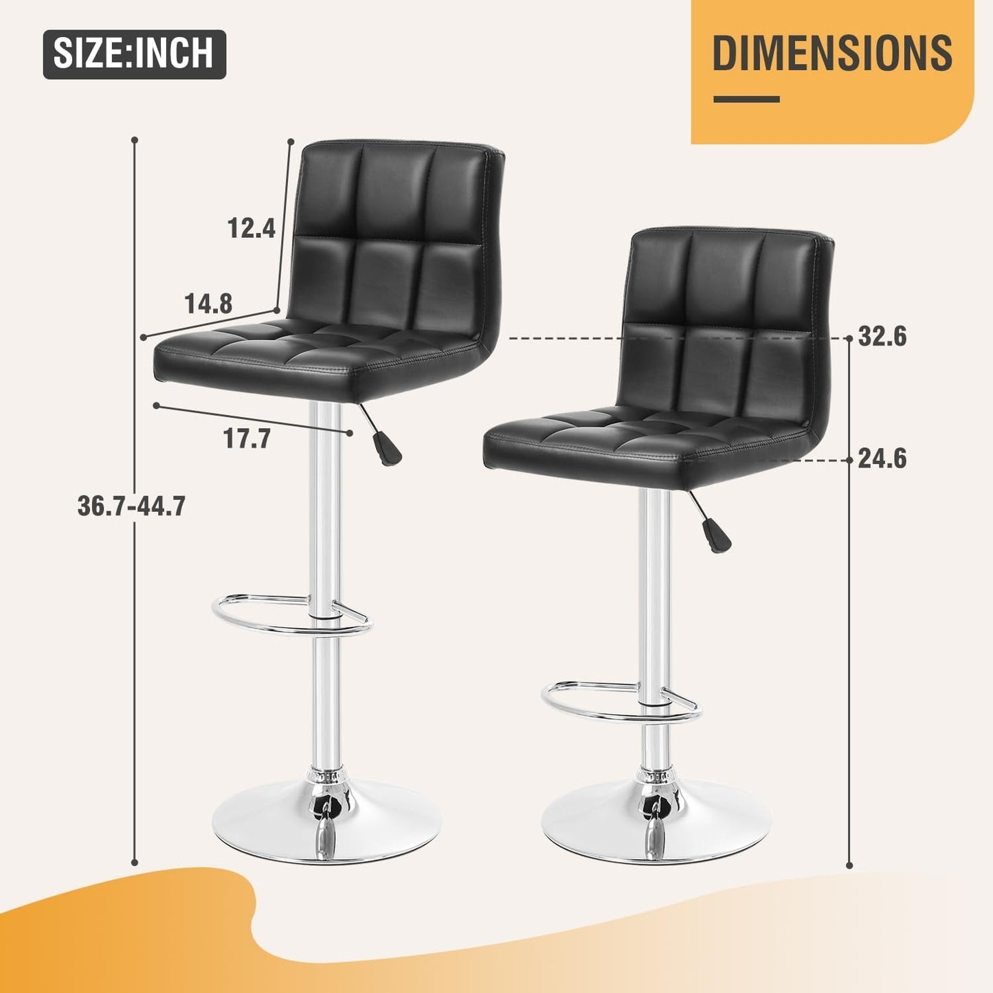Counter Height Swivel Bar Stools PU Leather Padded with Back,Set of 2 Height Adjustable Counter Stool Barstools Dining Chair,Black