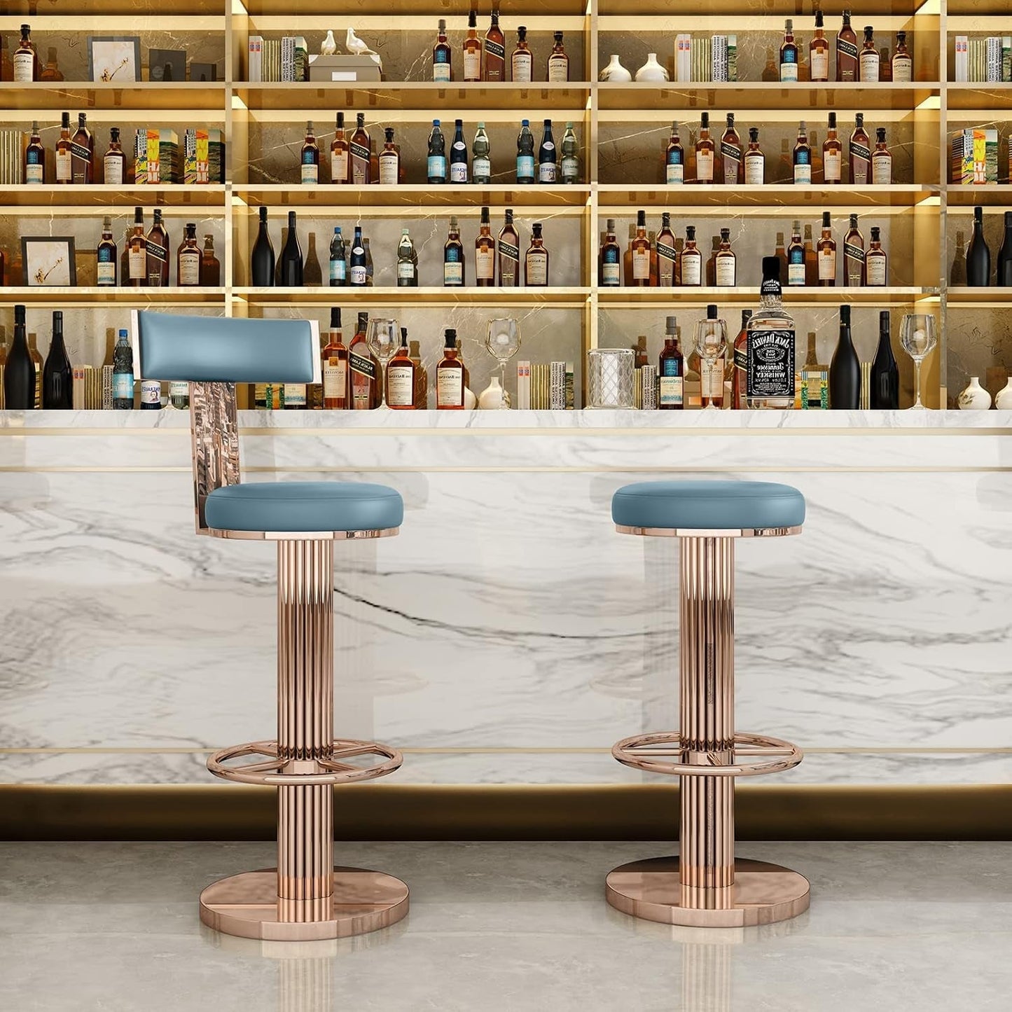 Swivel Bar Stools with Backrest, Modern Adjustable Height Counter Stool with Stainless Steel Legs and Comfortable Cushion, Rose Bar Chairs for Kitchen Island Counter (Blue)